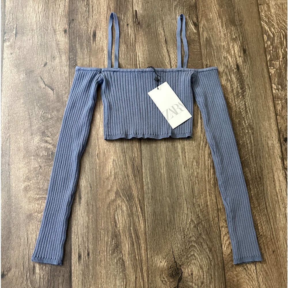 Zara Cold-Shoulder Cropped Top With Sleeves Bluish Grey Women’s Size S